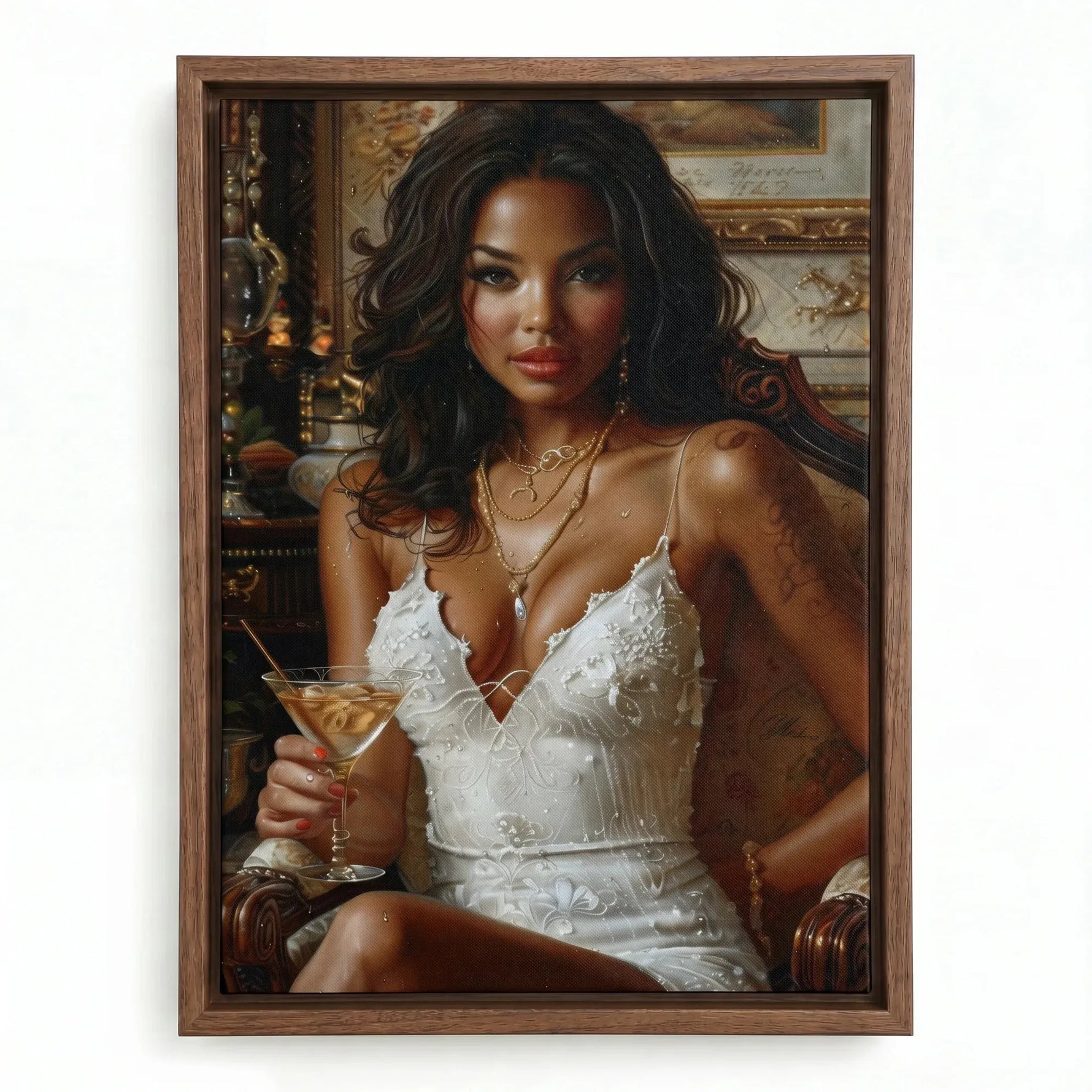 African American woman art in a walnut floating frame, oil portrait of a woman with dark curls and gold jewelry