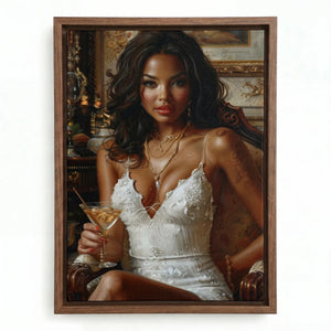 African American woman art in a walnut floating frame, oil portrait of a woman with dark curls and gold jewelry