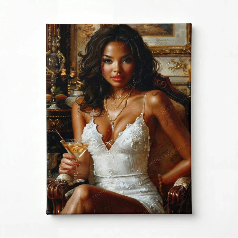 Stretched canvas, ready to hang, glamorous Black woman with a martini glass in a gilded old-world sitting room
