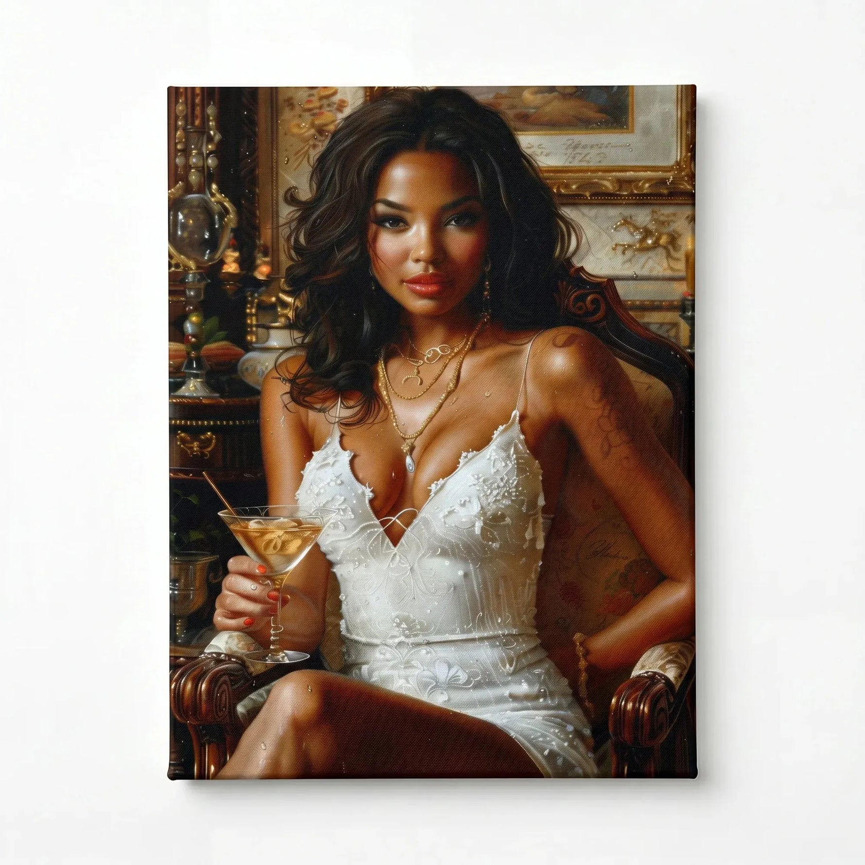 Stretched canvas, ready to hang, glamorous Black woman with a martini glass in a gilded old-world sitting room