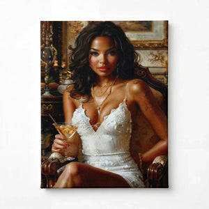Stretched canvas, ready to hang, glamorous Black woman with a martini glass in a gilded old-world sitting room