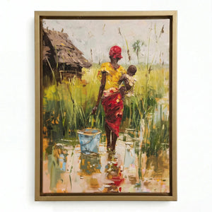 African wall decor in a gold floating frame, woman carrying her child and a blue bucket through the reeds