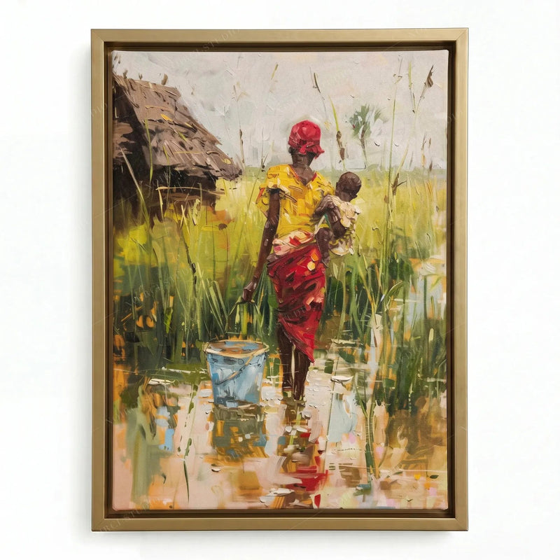 African wall decor in a gold floating frame, woman carrying her child and a blue bucket through the reeds