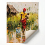 Rolled canvas print of a mother and child village scene, ready for custom framing