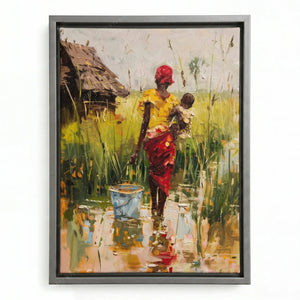 African canvas wall art in a silver floating frame, impasto painting of a mother and baby by a village marsh