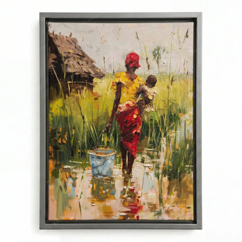 African canvas wall art in a silver floating frame, impasto painting of a mother and baby by a village marsh