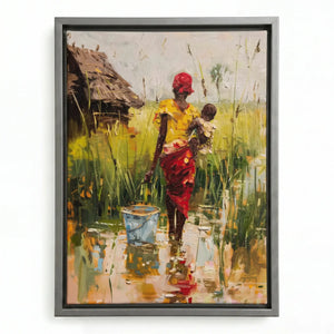 African canvas wall art in a silver floating frame, impasto painting of a mother and baby by a village marsh