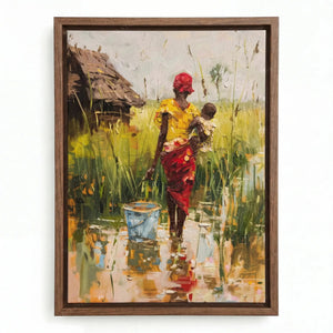 Traditional African wall art in a walnut floating frame, mother and baby walking through tall green village grass