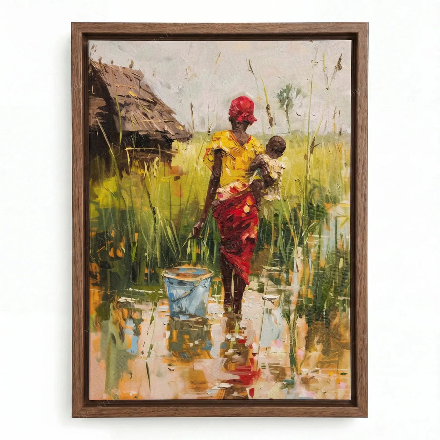 Traditional African wall art in a walnut floating frame, mother and baby walking through tall green village grass