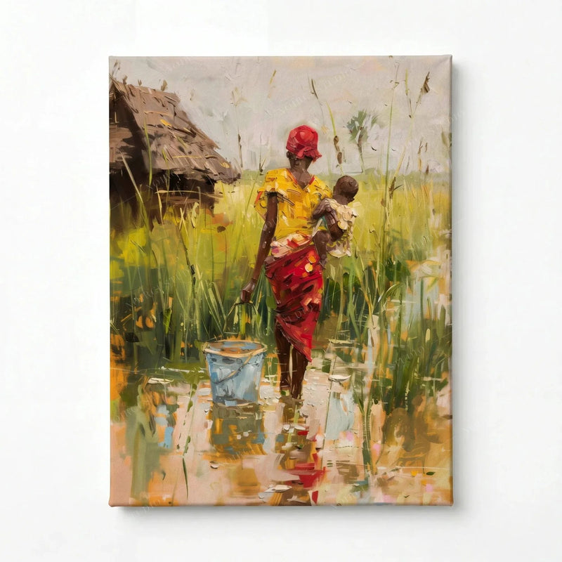 Stretched canvas, ready to hang, African mother in a red headwrap carrying her baby through village grass