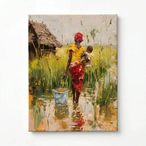 Stretched canvas, ready to hang, African mother in a red headwrap carrying her baby through village grass