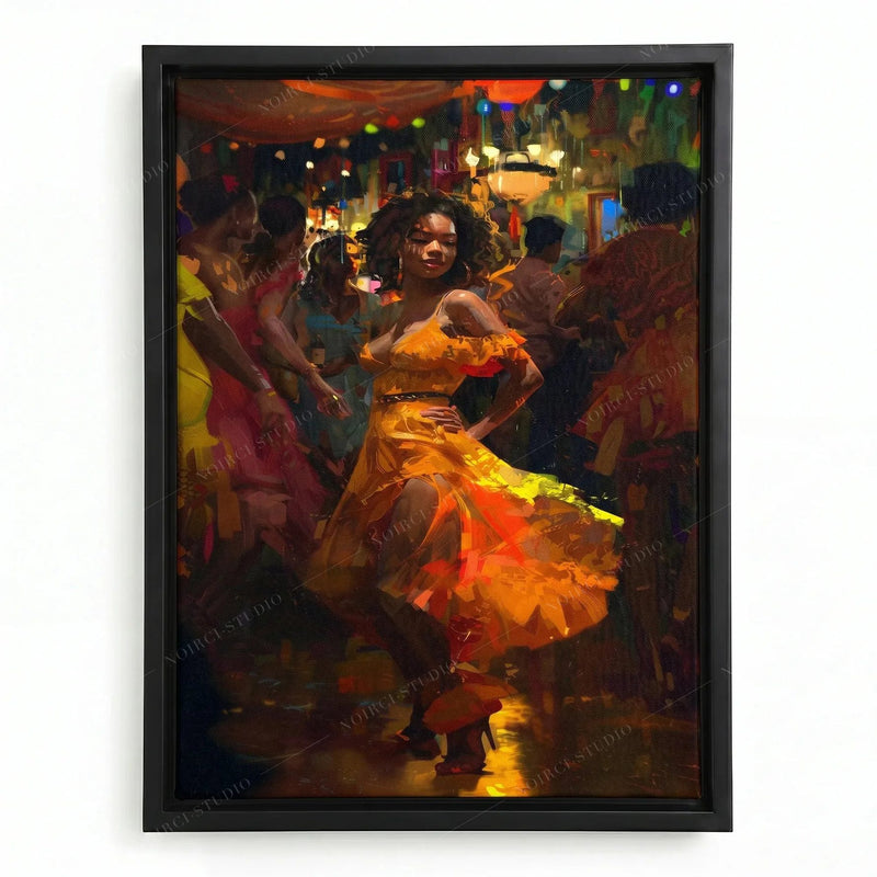 Black woman dancing art in a black floating frame, salsa dancer in a ruffled orange dress at a lively club
