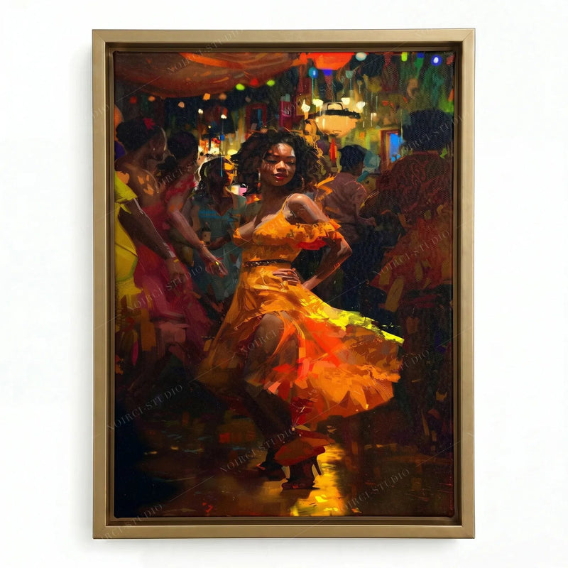 Black art of a woman dancing salsa in a gold floating frame, orange dress swirling under colorful club lights