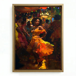 Black art of a woman dancing salsa in a gold floating frame, orange dress swirling under colorful club lights