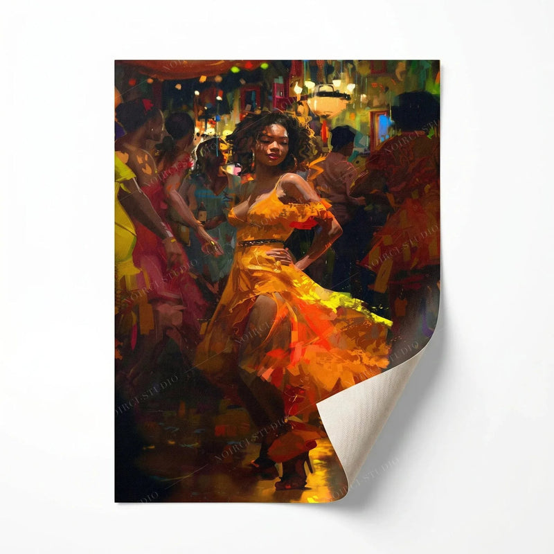 Rolled canvas print of a salsa dancer in an orange dress, ready for custom framing