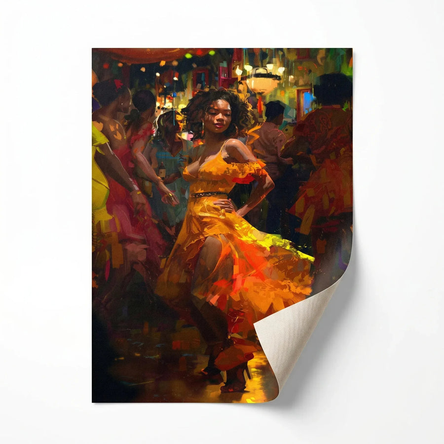 Rolled canvas print of a salsa dancer in an orange dress, ready for custom framing