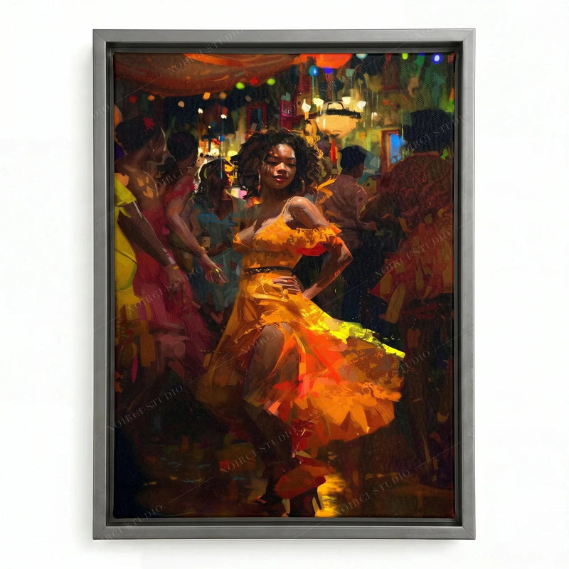 Black girl wall art in a silver floating frame, dancer in a flowing orange dress with hand on hip