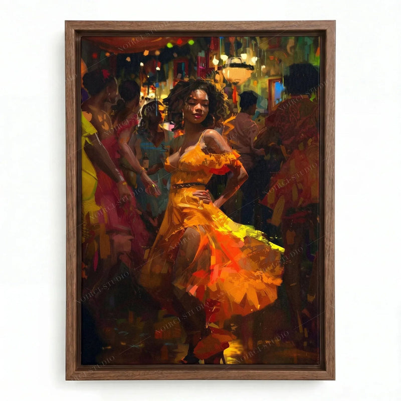 African American dance wall art in a walnut floating frame, woman twirling an orange skirt on a glowing dance floor