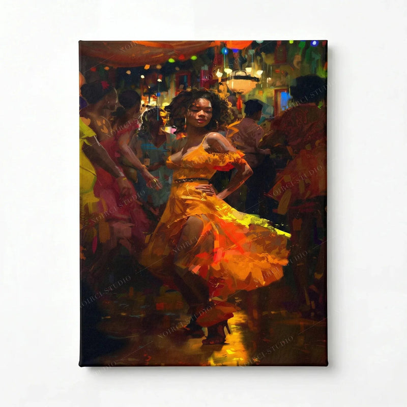 Stretched canvas of a Black woman salsa dancing in orange, gallery wrapped and ready to hang