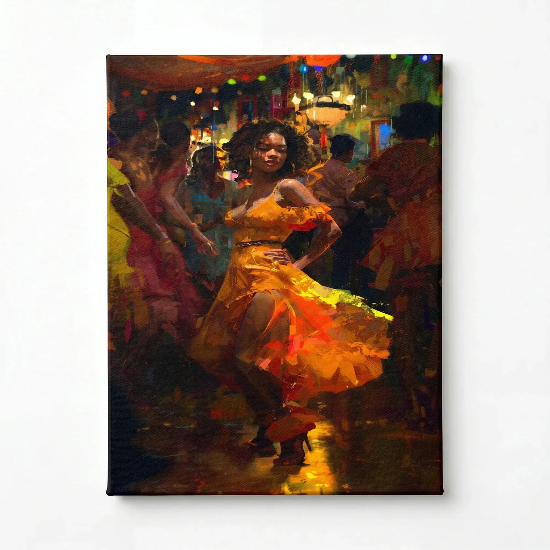 Stretched canvas of a Black woman salsa dancing in orange, gallery wrapped and ready to hang