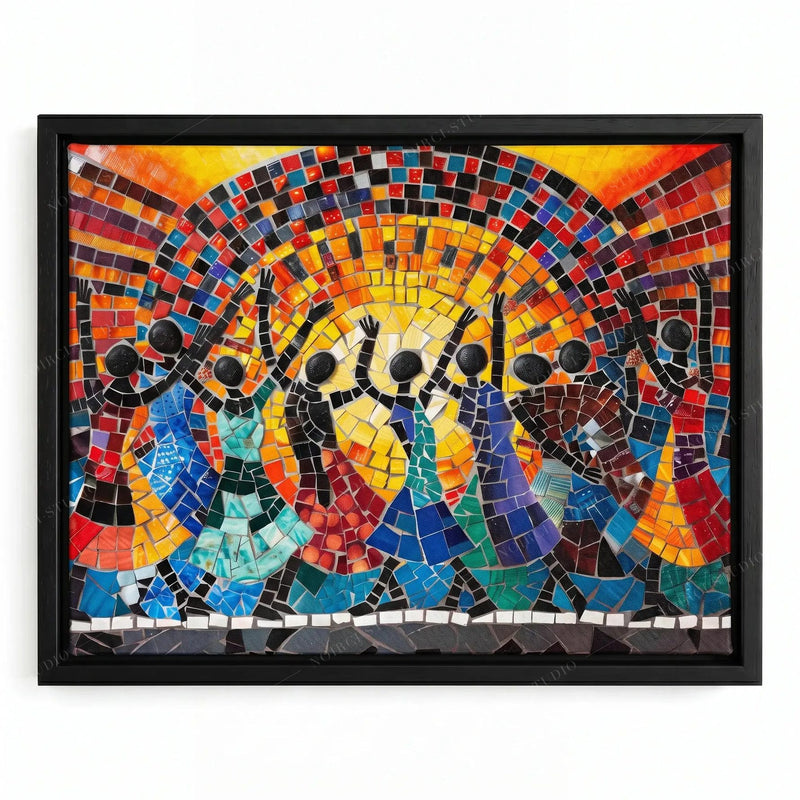 African canvas wall art in a black floating frame, glass mosaic dancers celebrating under a glowing sun