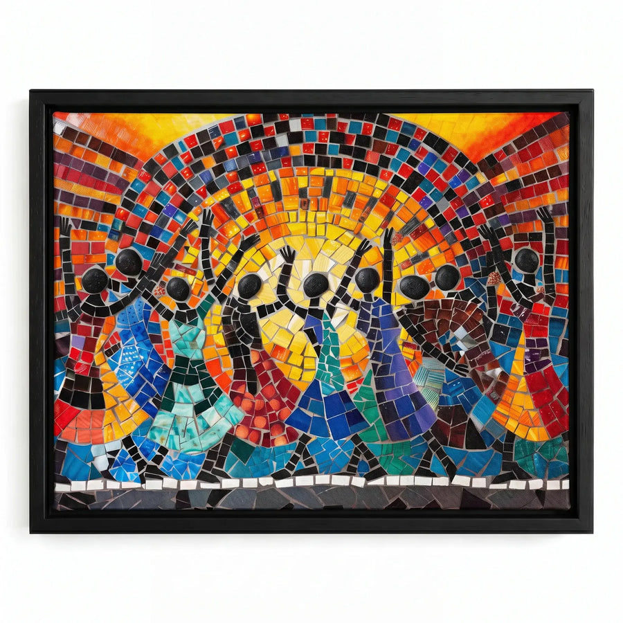 African canvas wall art in a black floating frame, glass mosaic dancers celebrating under a glowing sun