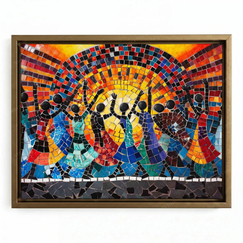 African canvas art in a gold floating frame, colorful mosaic dancers rejoicing beneath arcs of red and blue tile