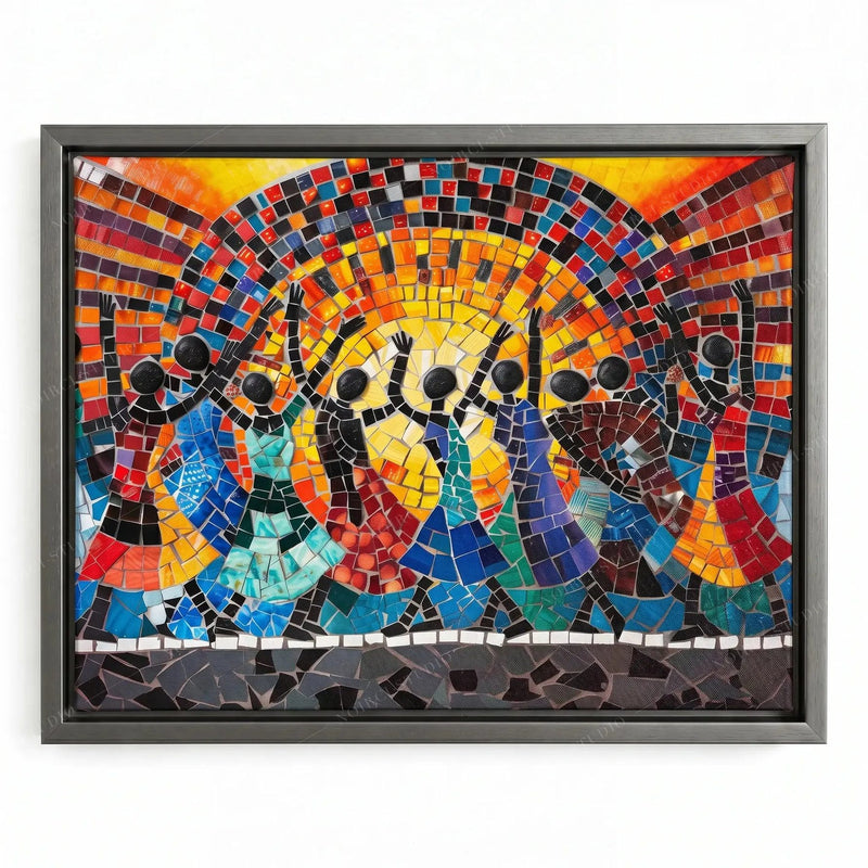 African wall decor in a silver floating frame, mosaic dancers in patterned dresses beneath a radiant sun