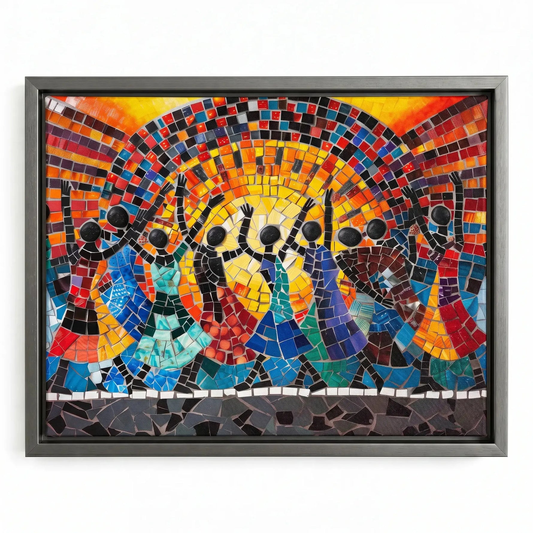 African wall decor in a silver floating frame, mosaic dancers in patterned dresses beneath a radiant sun