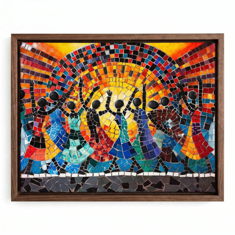 African wall art in a walnut floating frame, mosaic tile dancers with raised arms before a fiery orange sun