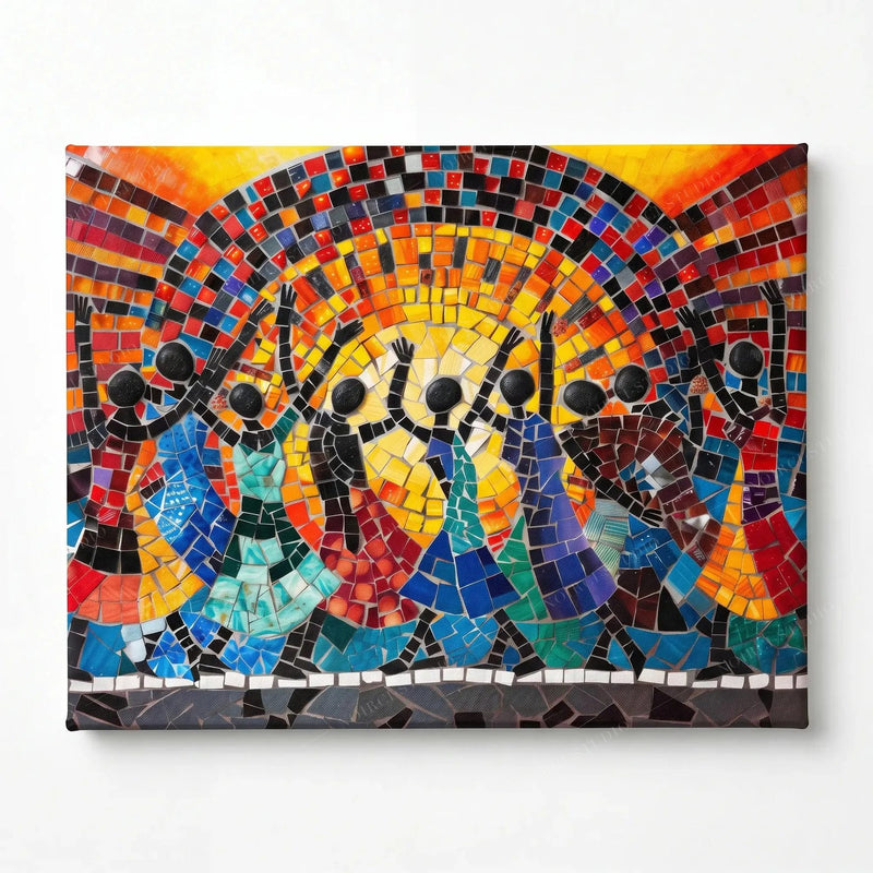 Stretched canvas, ready to hang, glass mosaic African dancers celebrating the sunrise
