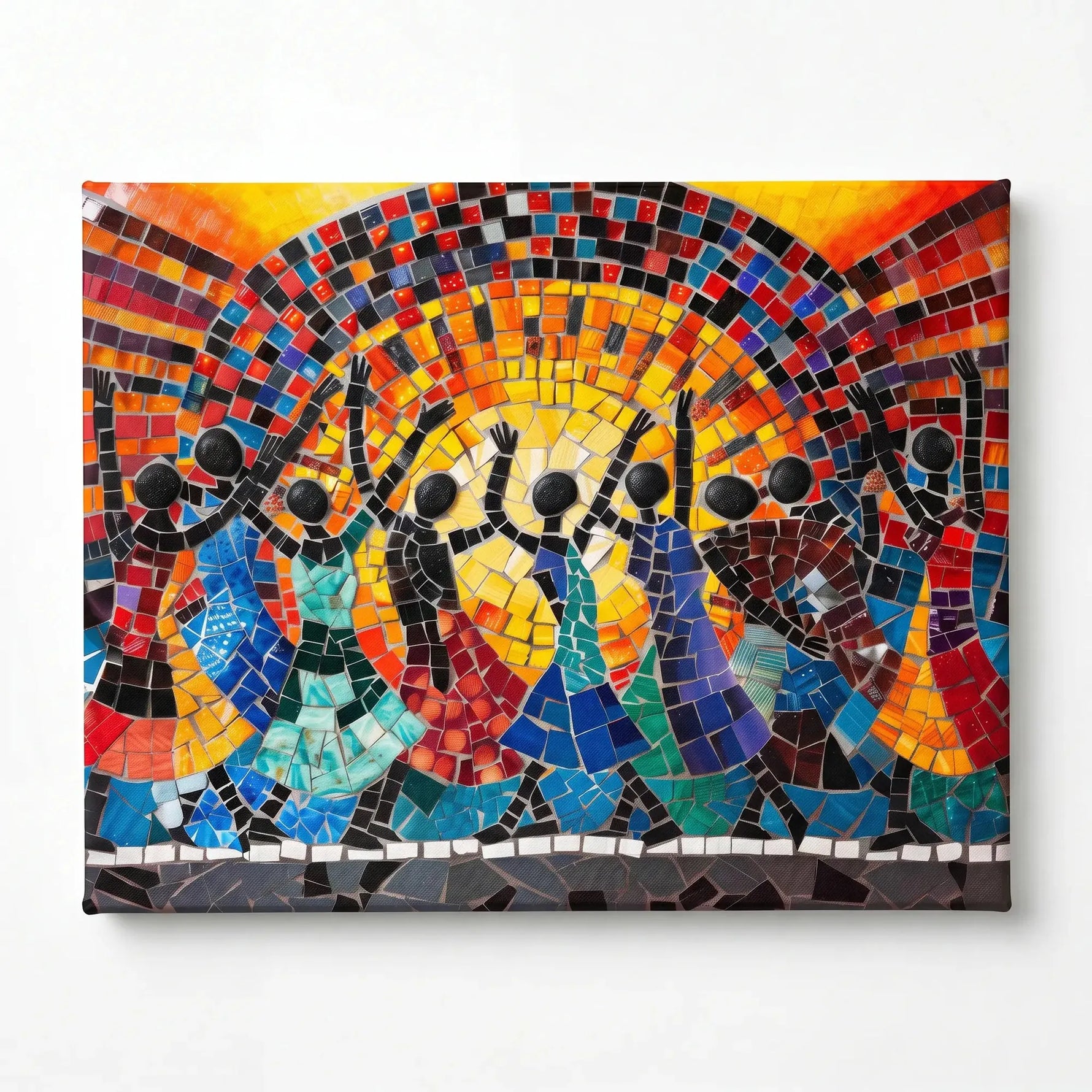Stretched canvas, ready to hang, glass mosaic African dancers celebrating the sunrise