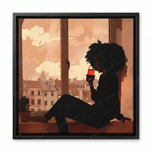 Black wall art in a black floating frame, silhouette of a woman with an afro drinking red wine by a city window