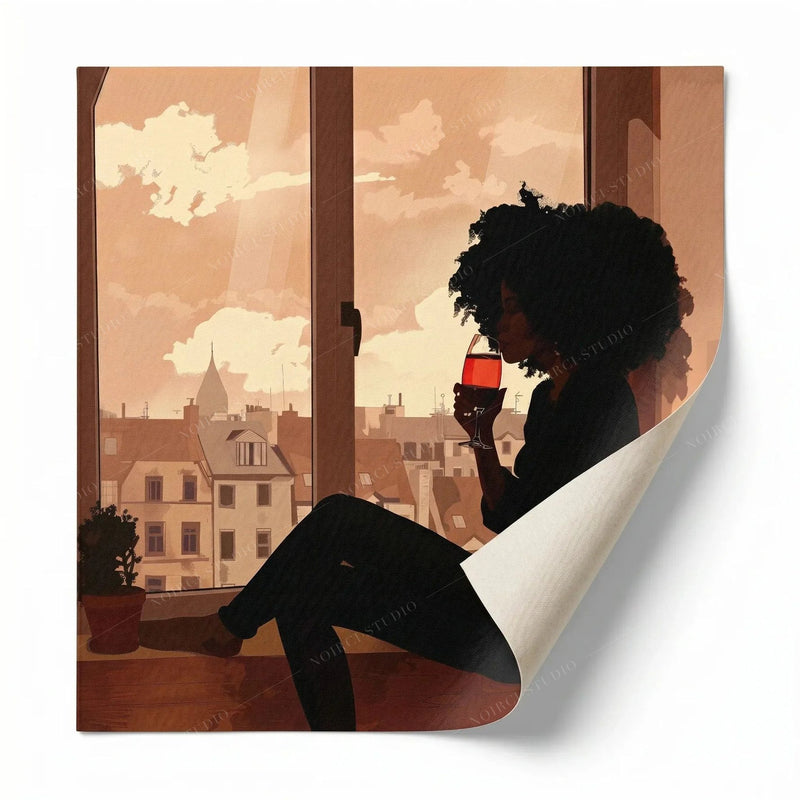 Rolled canvas print of a Black woman wine silhouette, curled corner shown, ready for custom framing