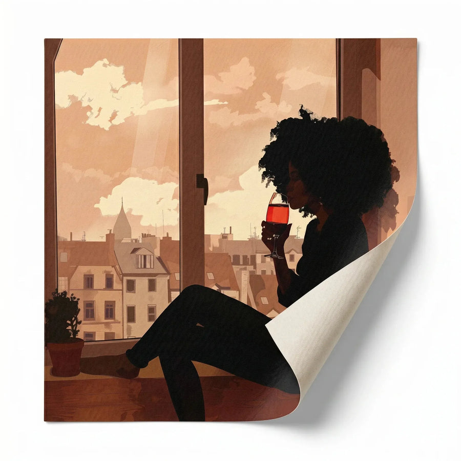 Rolled canvas print of a Black woman wine silhouette, curled corner shown, ready for custom framing
