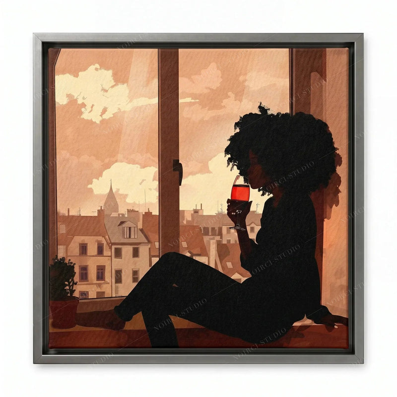Silver floating frame close-up, Black woman with a red wine glass seated on a windowsill above old city rooftops