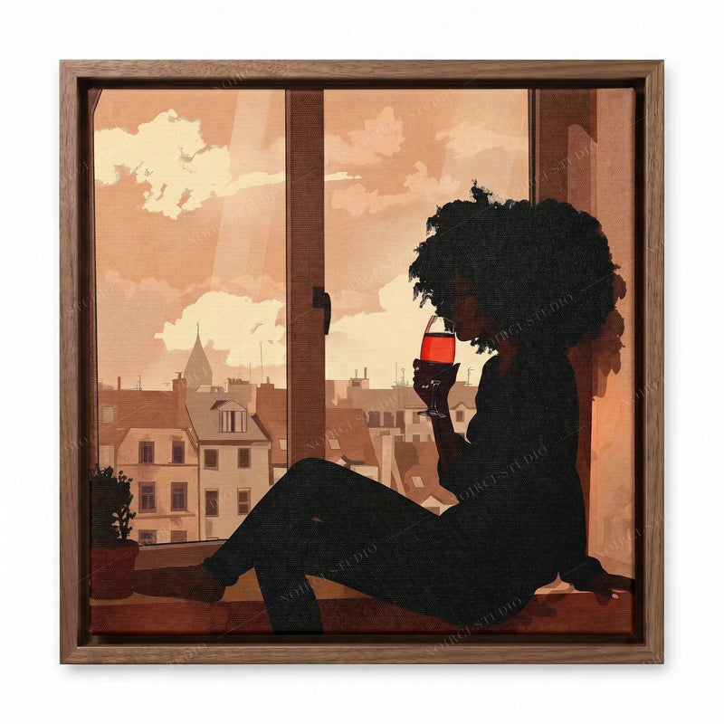 Black woman wine art in a walnut floating frame, silhouette with red wine glass against European rooftops at sunset