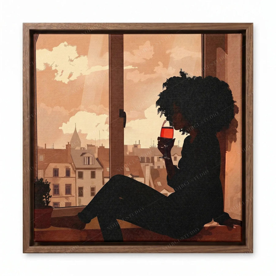 Black woman wine art in a walnut floating frame, silhouette with red wine glass against European rooftops at sunset