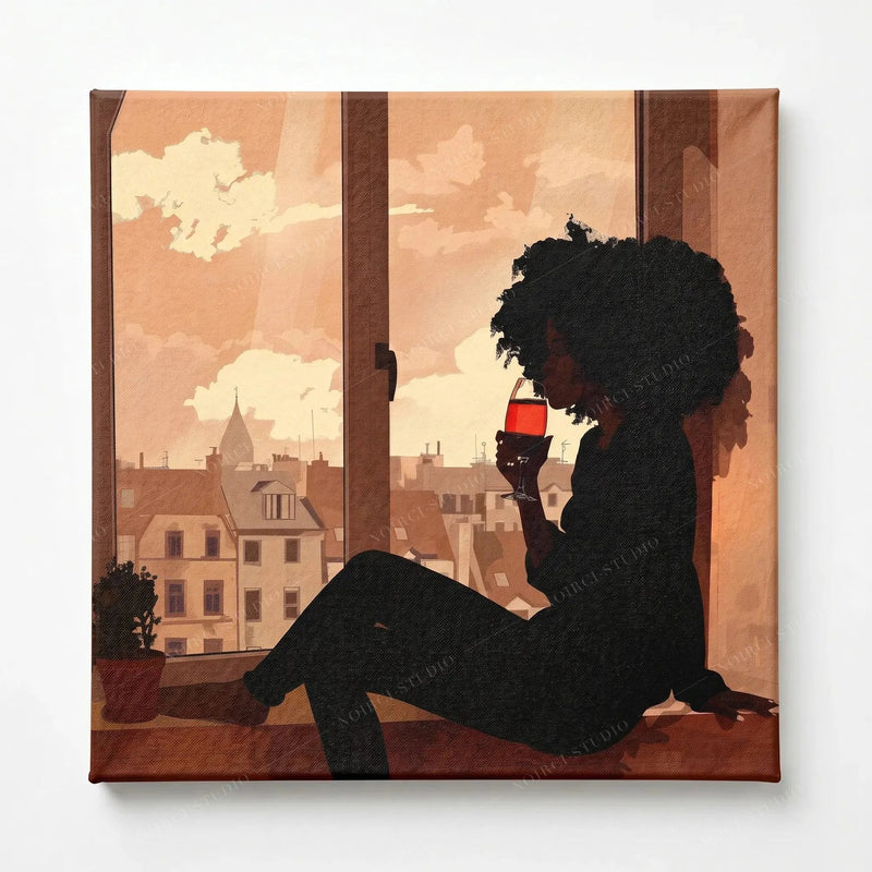 Stretched canvas, ready to hang, gallery-wrapped silhouette of a Black woman enjoying wine at a dusk window