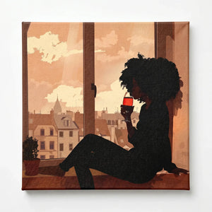 Stretched canvas, ready to hang, gallery-wrapped silhouette of a Black woman enjoying wine at a dusk window