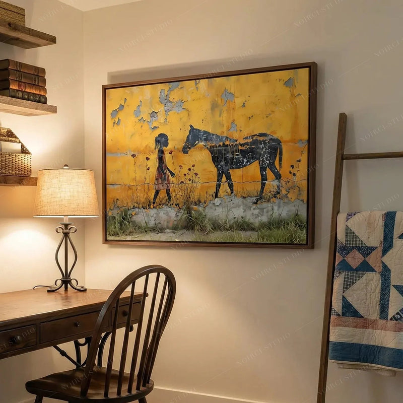 African American art for a home office, girl and horse art above a wood desk with a spindle chair and quilt ladder