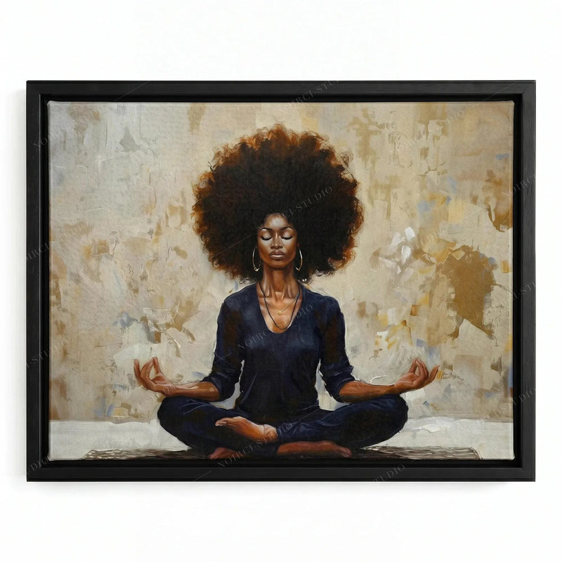 Black woman yoga art in a black floating frame, woman with a full afro meditating in a navy top