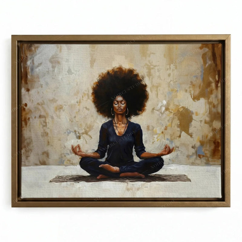 Meditation painting in a gold floating frame, serene Black woman with a round afro seated on a woven mat