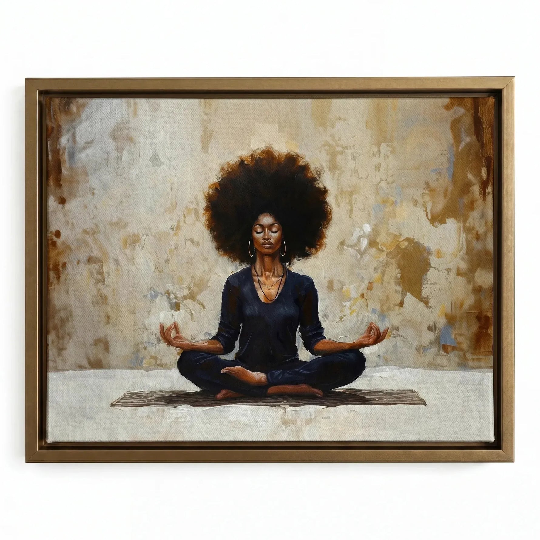 Meditation painting in a gold floating frame, serene Black woman with a round afro seated on a woven mat