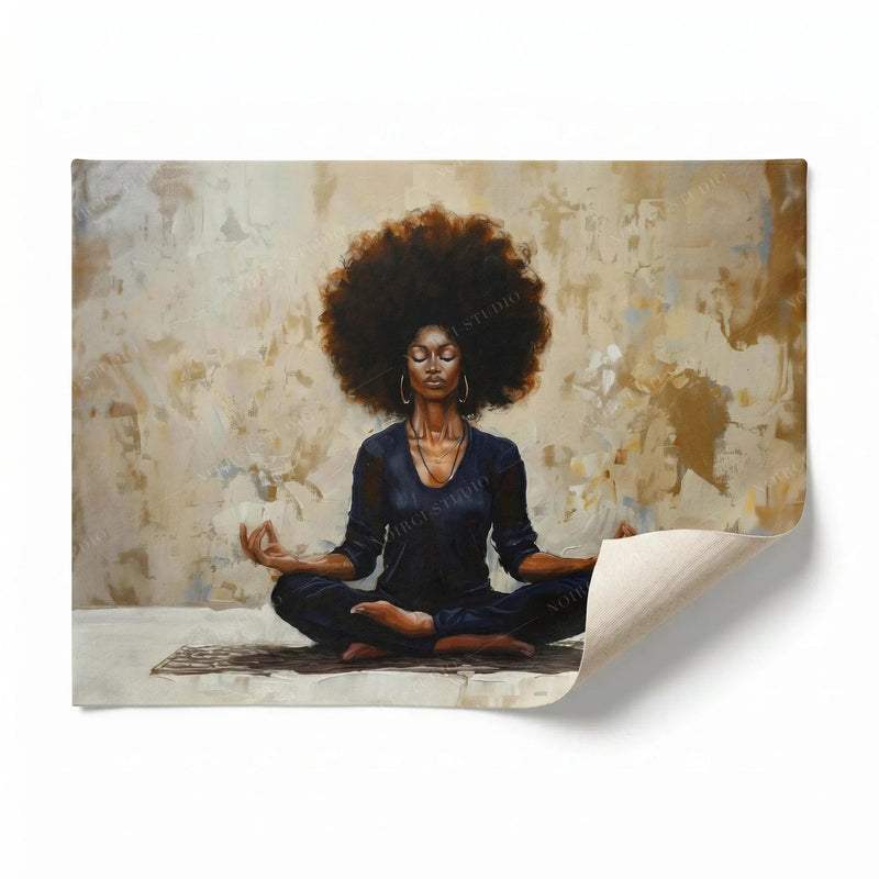 Rolled canvas print of a Black woman in lotus meditation, ready for custom framing