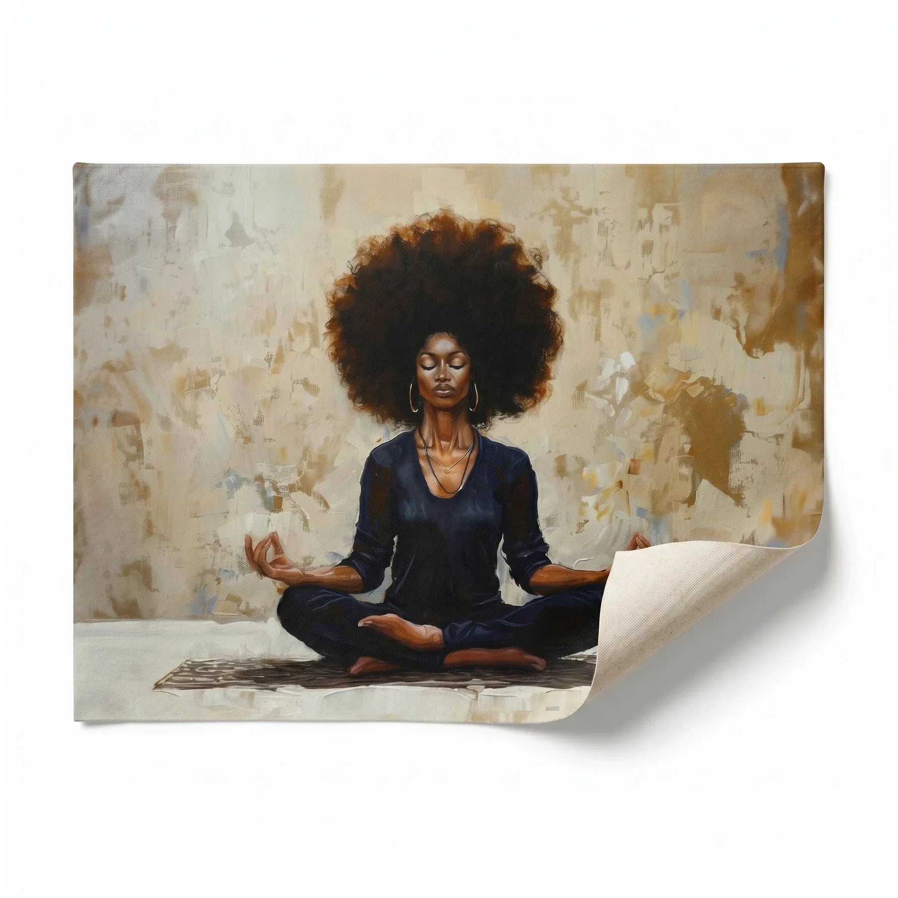 Rolled canvas print of a Black woman in lotus meditation, ready for custom framing