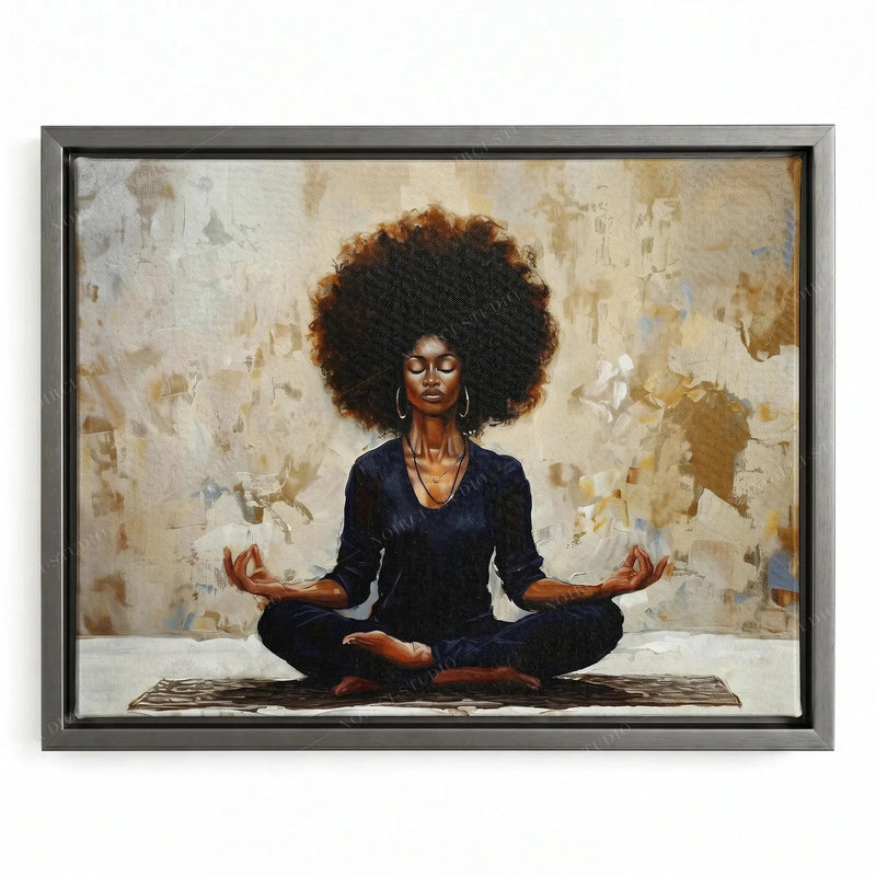 Black boho wall decor in a silver floating frame, woman meditating in navy against an earthy abstract wall