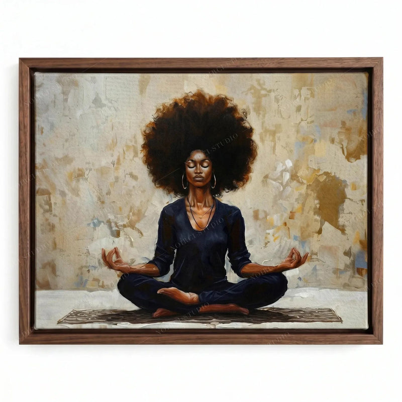 Afro bohemian decor canvas in a walnut floating frame, Black woman in lotus pose against gold brushwork