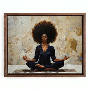 Afro bohemian decor canvas in a walnut floating frame, Black woman in lotus pose against gold brushwork