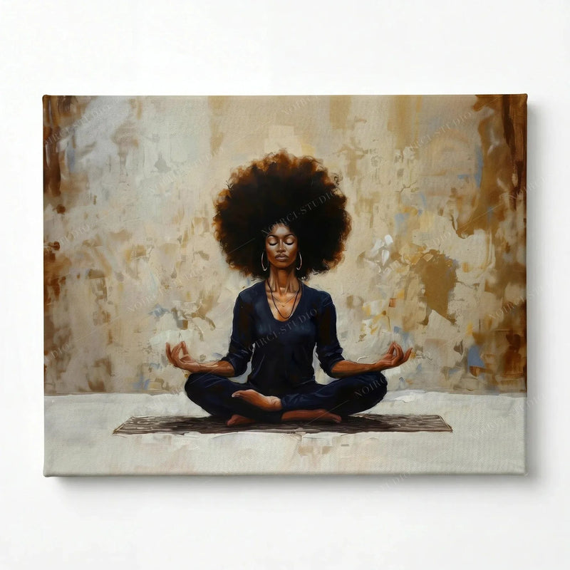 Stretched canvas of a Black woman meditating in lotus pose, gallery wrapped and ready to hang